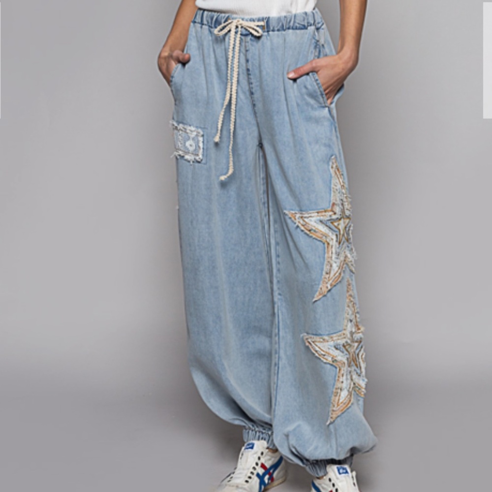 NEW POL Light Blue Star Embellished Joggers! SZ Large